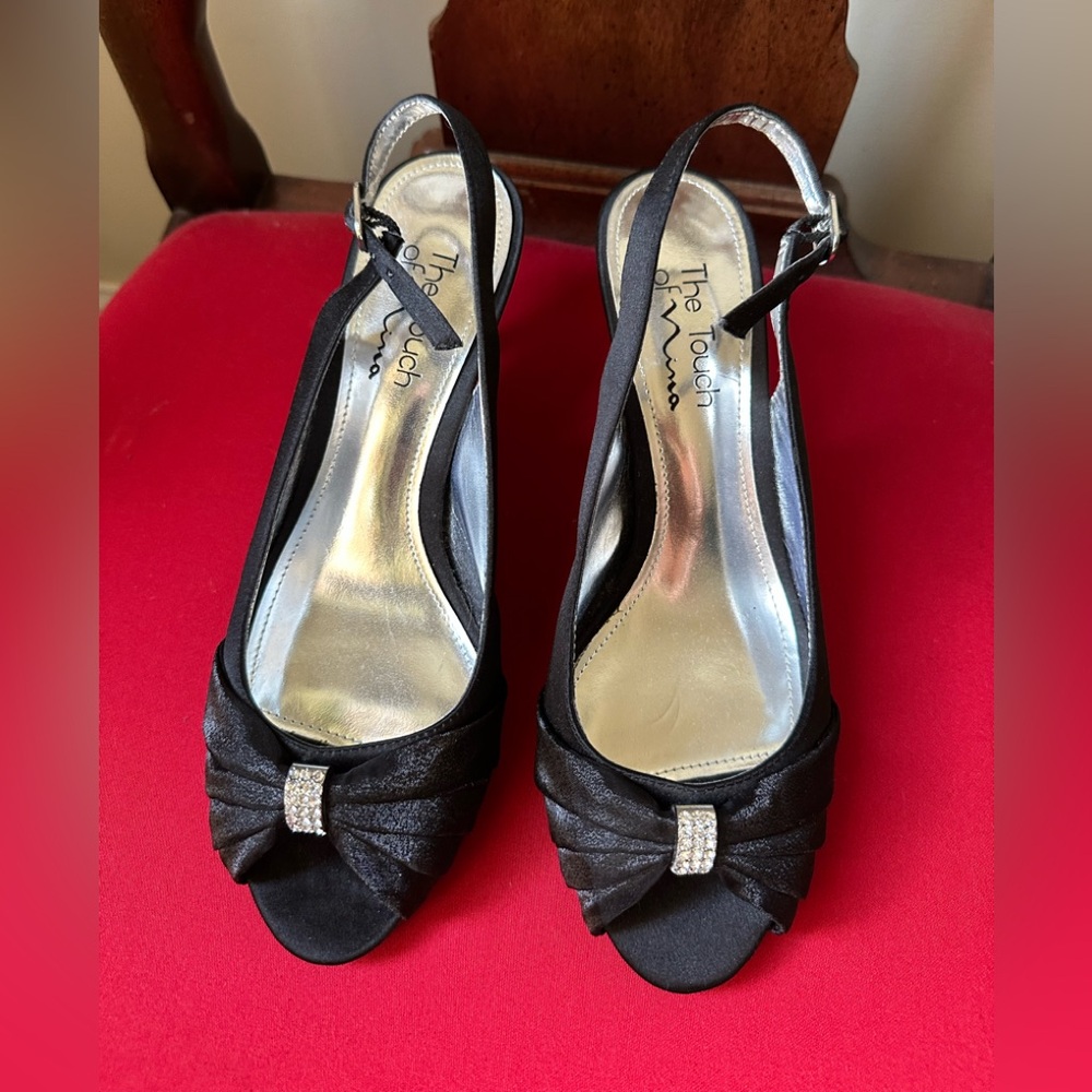 Touch of Nina Black Satin Slingback Heels with Rhinestone Knot